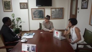 Editor of AGROBUSINESS TIMES, Jim Rex-Lawson Moses (left) with IITA DDG,Partnerships for Delivery, Dr. Dashiell Kenton and Head, Communication Unit, Katherine Lopez, during the meeting on partnership for ICERIA 2019, at IITA Headquarters, Ibadan.